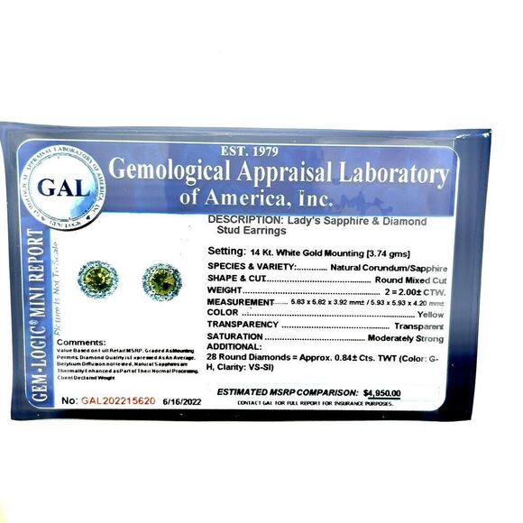 Natural Sapphire Diamond Stud Earrings 14k W Gold 2.84 TCW Certified 215620 - Picture 10 of 10